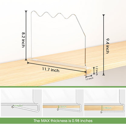 SPACEKEEPER Shelf Dividers for Closet Organization, Clear Closet Shelf Divider for Clothes Purses Separators, Wood Shelves Organizer for Bedroom, Kitchen, Office, Cabinets, Bathroom, 6 Pack