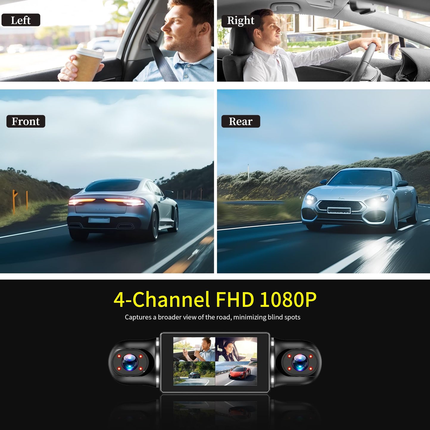 Zunfly 4 Channel Dash Cam, 360 Dash Camera FHD 1080P x 4 Dash Cam Front and Rear, 2K Front +1080P Inside*2 Car Camera with 64GB Card, Built-in WiFi GPS, Loop Recording, WDR, Night Vision