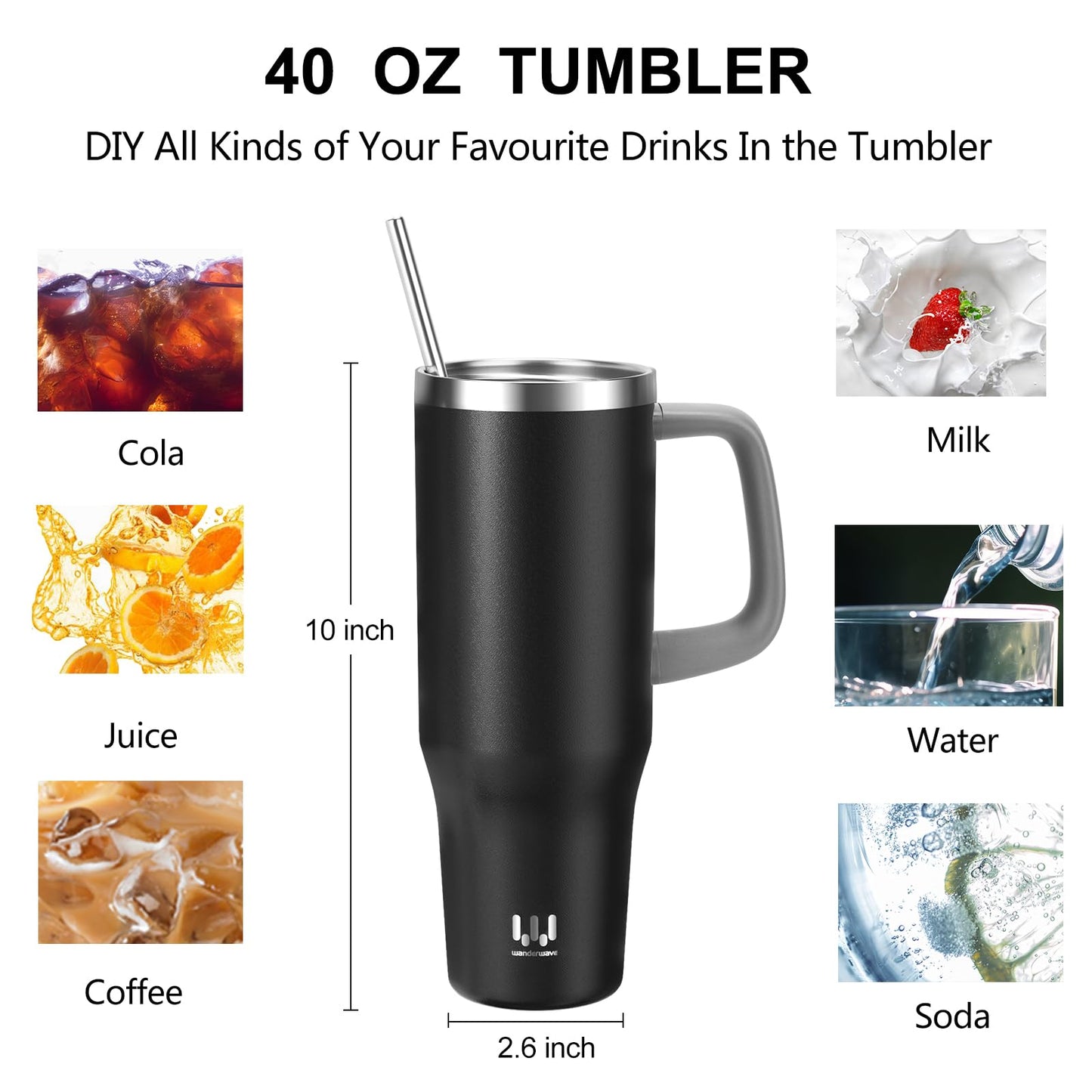 40 oz Insulated Tumbler with Handle and Straw