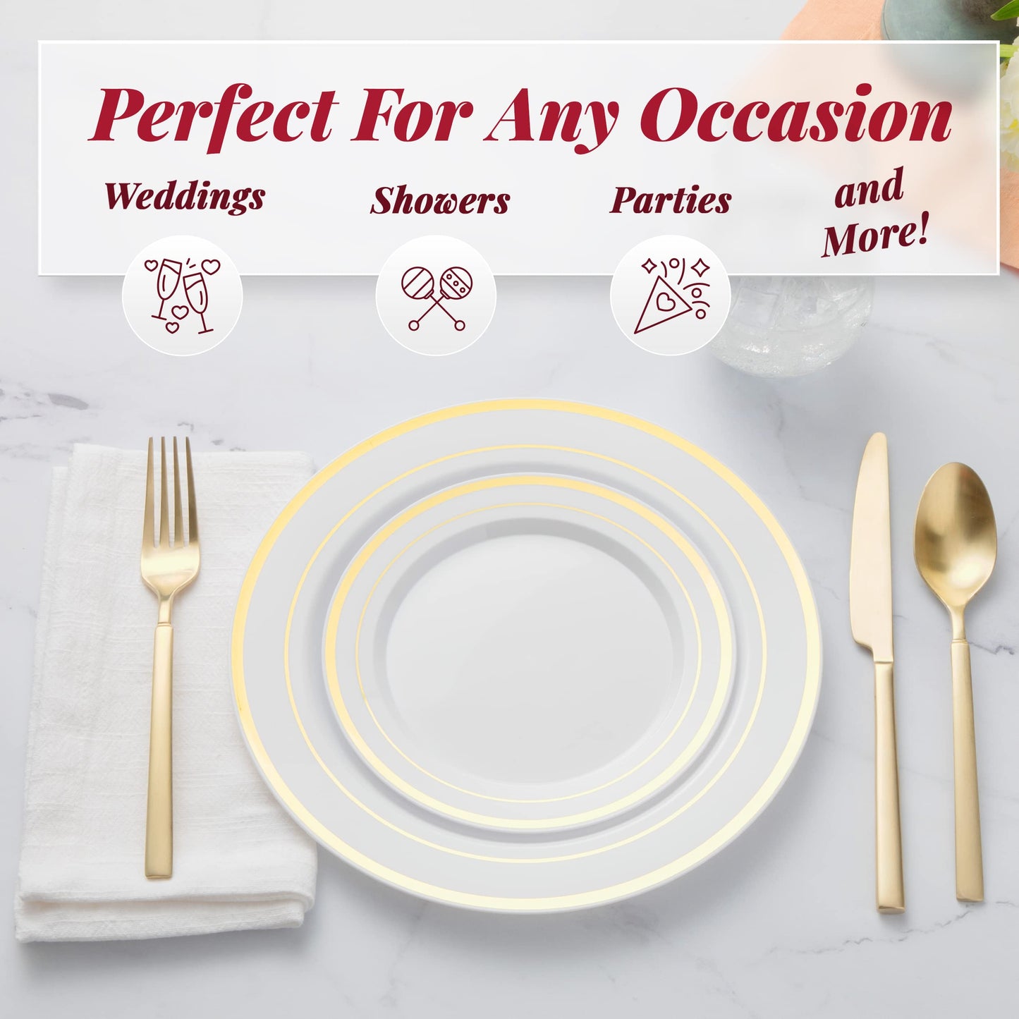 Prestee 50-pc Plastic Gold Plates, 25 Plastic Dinner Plates & 25 Salad Small Plastic Plates, White/Gold Rimmed Plastic Plates for Dessert Appetizer Parties Holiday Wedding Thanksgiving Plastic Plates