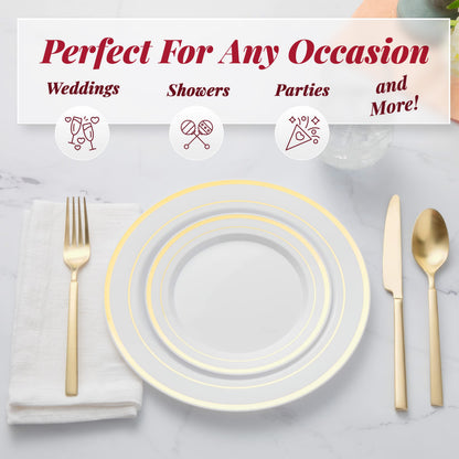 Prestee 50-pc Plastic Gold Plates, 25 Plastic Dinner Plates & 25 Salad Small Plastic Plates, White/Gold Rimmed Plastic Plates for Dessert Appetizer Parties Holiday Wedding Thanksgiving Plastic Plates
