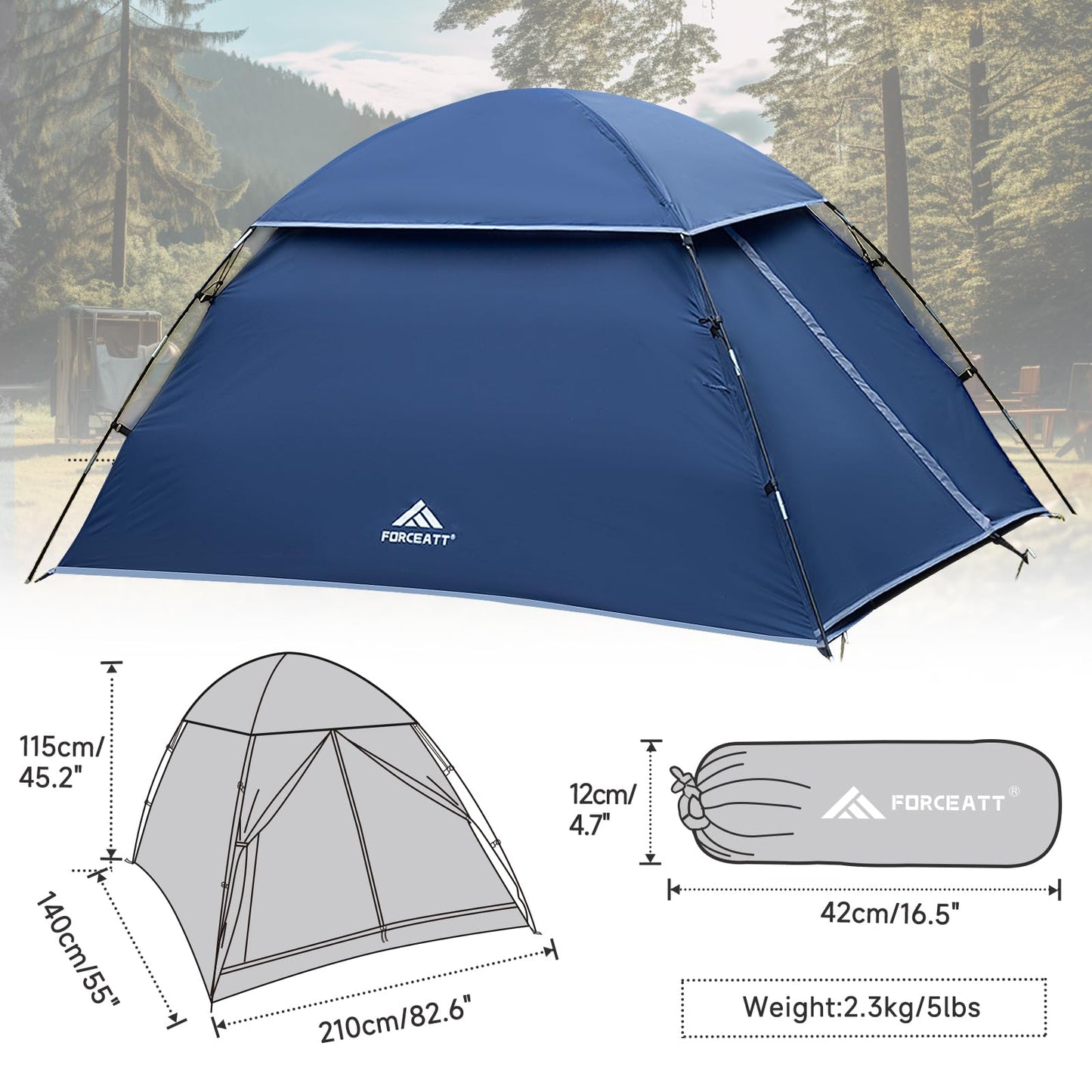 Forceatt 2 Person Backpacking Tent, Easy Setup Dome Tent, Lightweight Portable Camping Tent for Camping, Festivals, Backyard, Sleepovers and Beach