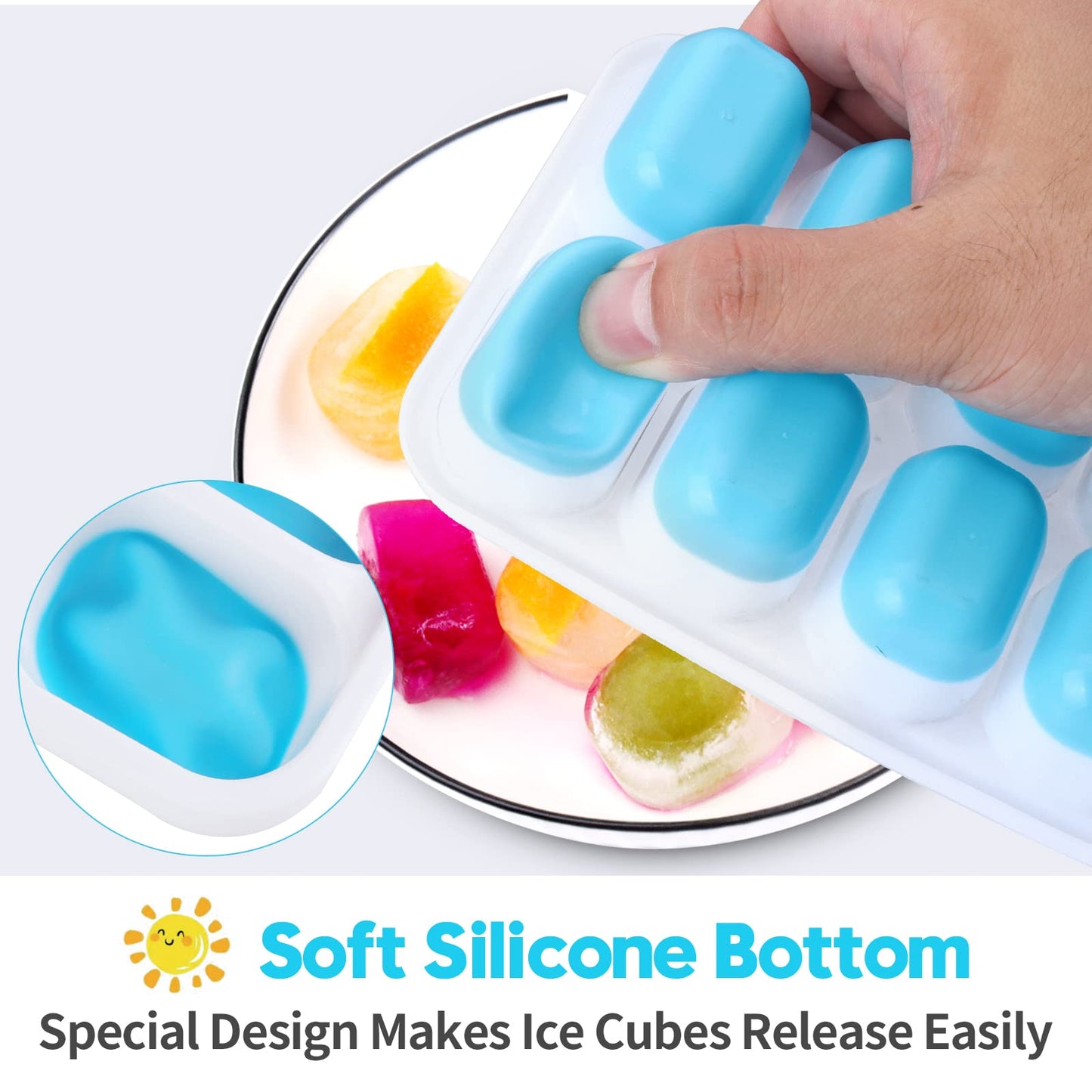 Jrisbo Silicone Ice Cube Tray, 4 Pack Easy-Release & Flexible 14-Ice Cube Trays with Spill-Resistant Removable Lid, Stackable Ice Trays with Covers for Freezer, Cocktail, Blue and Green