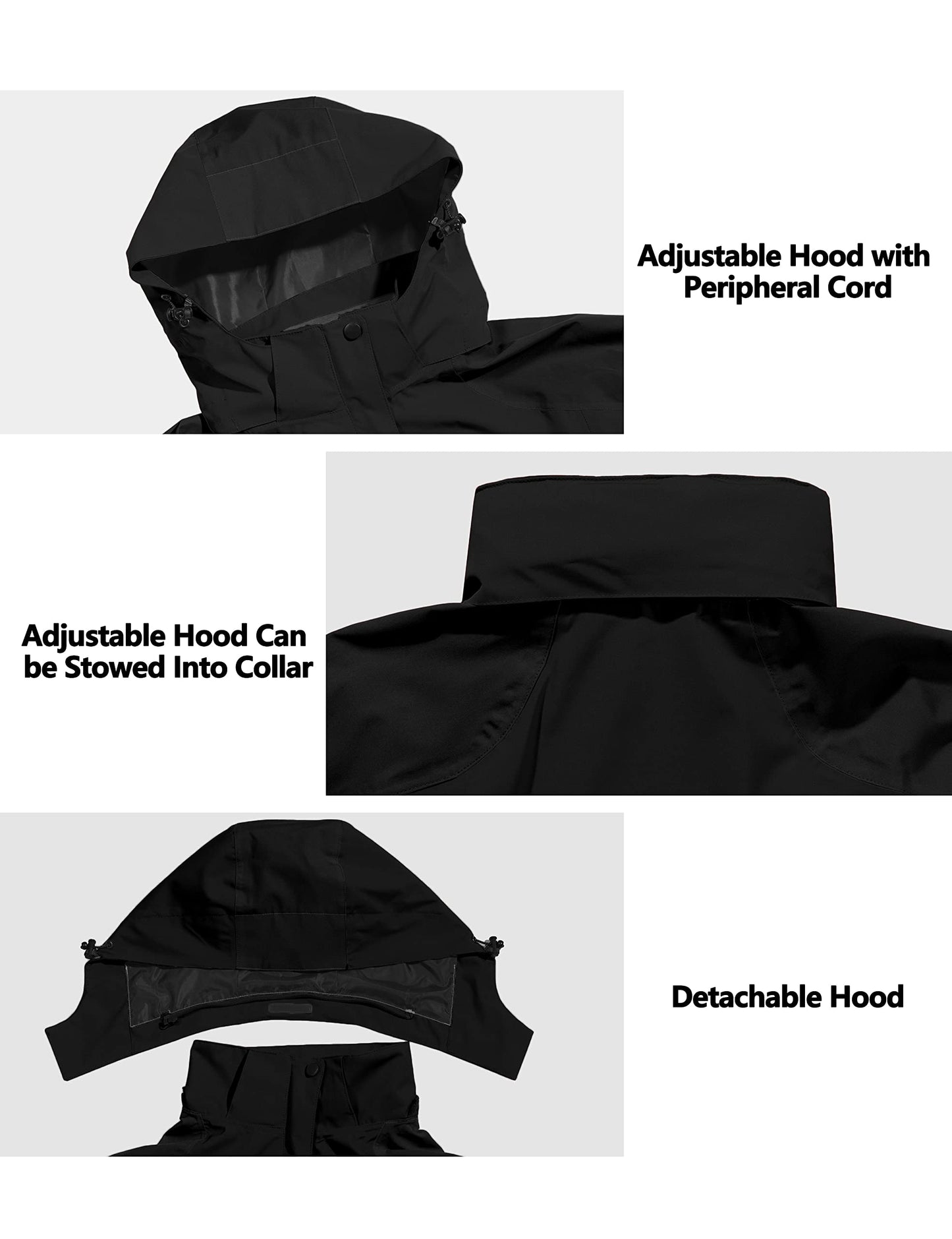 Little Donkey Andy Women's Rain Jacket with Detachable Hood Waterproof Lightweight Breathable Raincoat for Hiking Travel Black/Black L