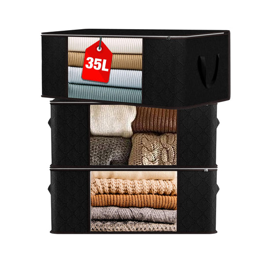 Joymeezo 3 Pack 35L Storage Bags,Clothes Storage Bins Foldable Closet Organizers Storage Bags with Zipper& Handle for Clothing, Blanket, Sweaters and Plush Toys (Black)