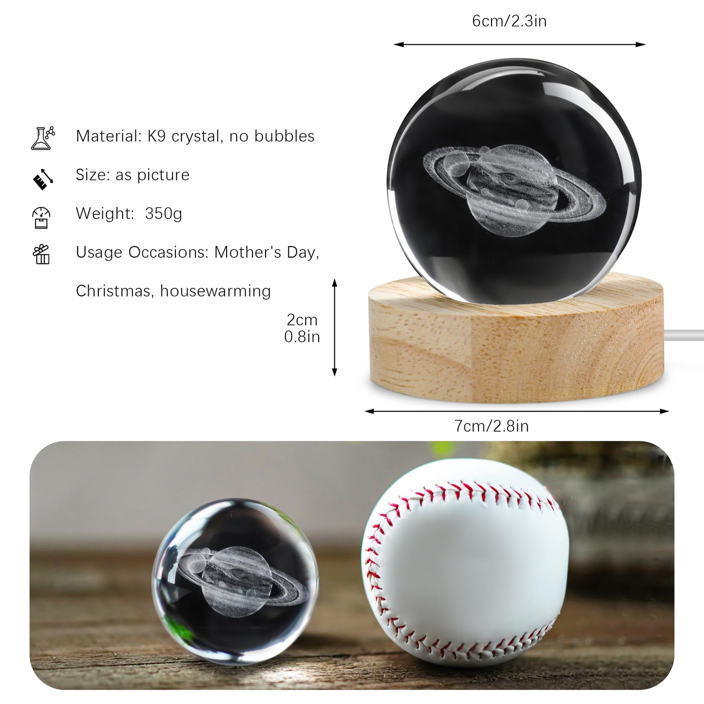 YU FENG 3D Engraved Saturn Crystal Ball on Wooden Base Ideal for Home Decor and Collectors