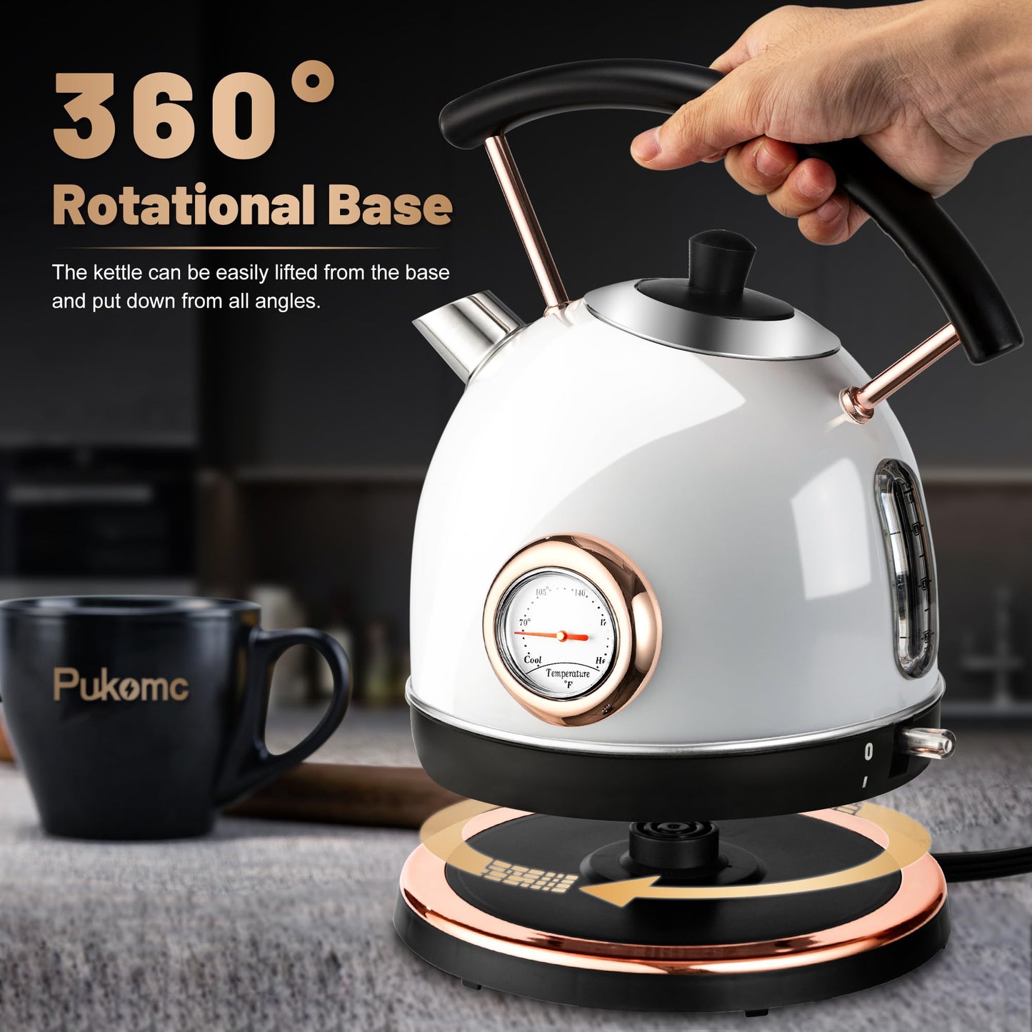 Pukomc Retro Electric Kettle Stainless Steel 1.7L Tea Kettle, Hot Water Boiler with Temperature Gauge, Led Light, Fast Boiling, Auto Shut-Off&Boil-Dry Protection (White)