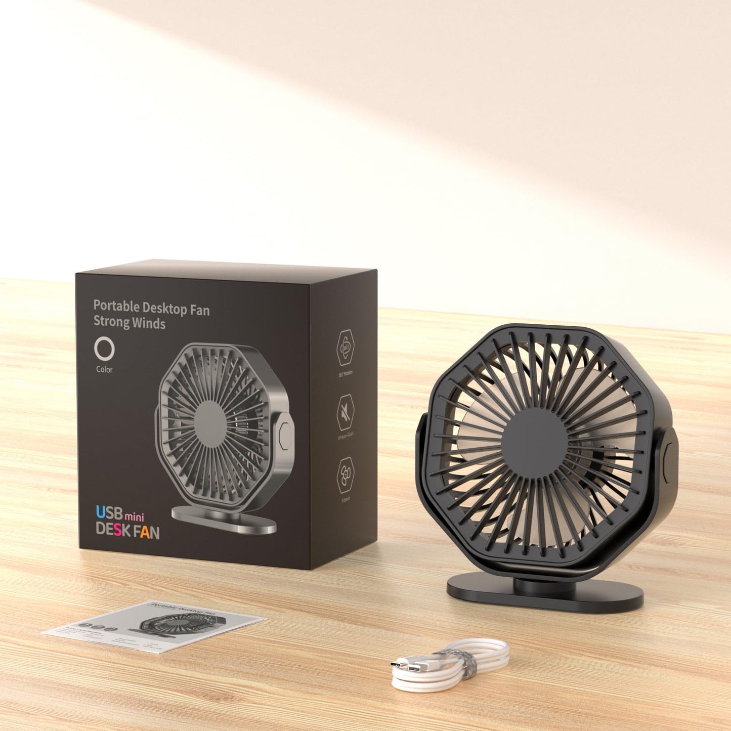 USB Desk Fan with 3 Speeds and 360° Rotation