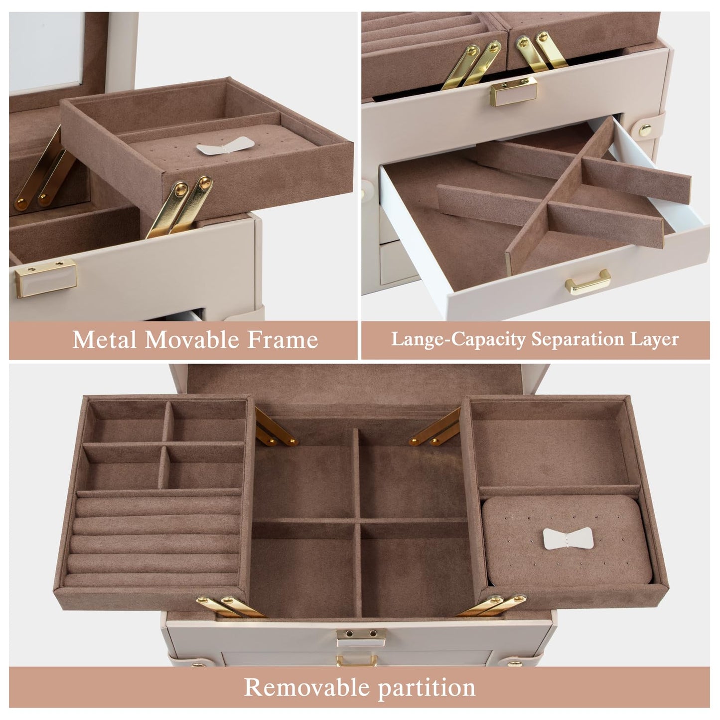 KAMIER Jewelry Organizer Box,5-Layer Jewelry Box for Women with Glass Lid,Jewelry Storage Box for Earrings Bracelets Rings Necklaces.Beige