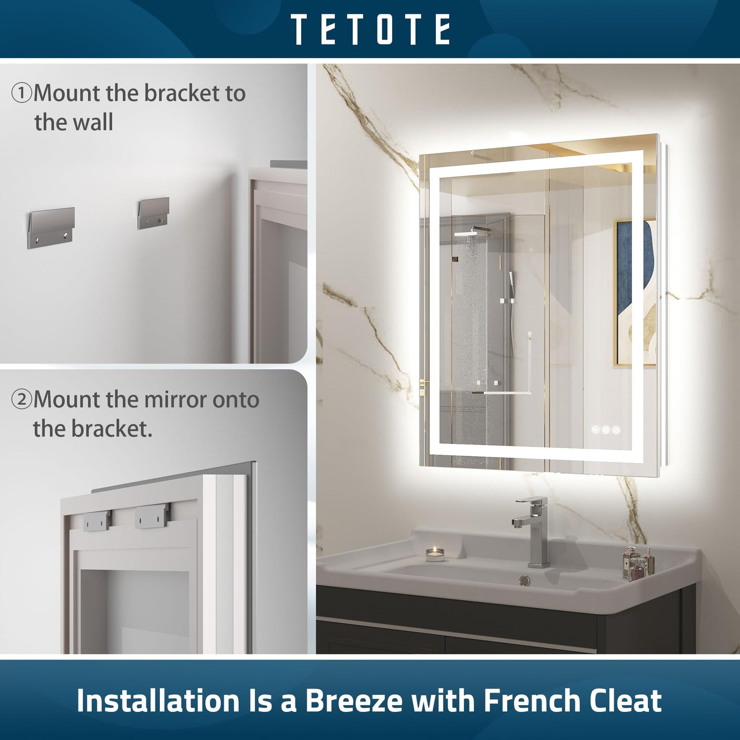 TETOTE LED Bathroom Mirror 48 x 36 Inch with Frontlit & Backlit Lighted Vanity Mirror Anti Fog Stepless Dimmable 3 Colors White/Warm/Natural,CRI90+ Double Lights,Wall-Mounted(Horizontal/Vertical)