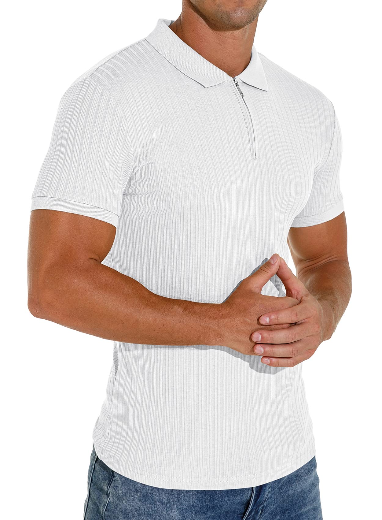 Askdeer Men's Zip Polo Shirts Classic Short Sleeve Stretch Slim Fit Casual T Shirts White