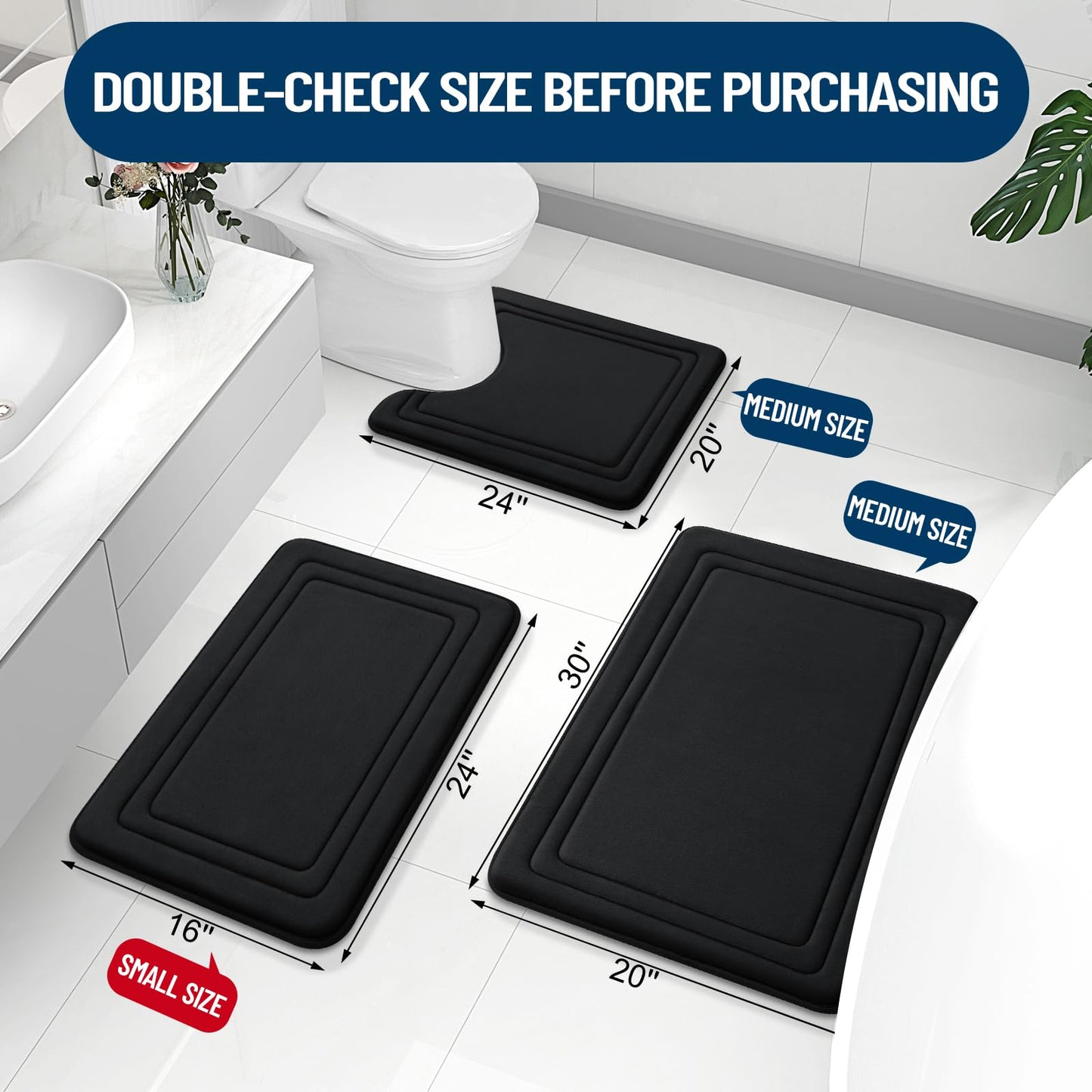 Grandaily Memory Foam Bath Mat Rug 30x20, Ultra Soft, Non-Slip and Absorbent Bathroom Rugs, Machine Wash Dry, Comfortable Bath Rug Carpet for Bathroom Floor, Tub and Shower, Black