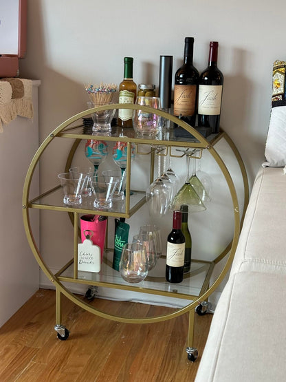 SMARTISBEAUTY Gold Bar Carts with Glass Holders and Wine Rack,3 Tier Rolling Bar Serving Carts with Glass Shelves,Metal Bar Carts for The Home Kitchen, Party Outdoor Indoor (0 Handle)