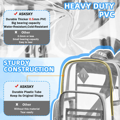 ASKSKY Large Clear Backpack for Men, Heavy Duty PVC Transparent Bookbag for Women Stadium Approved See Through Back Pack Fits 16 inch Laptop for School Work Travel, Gray