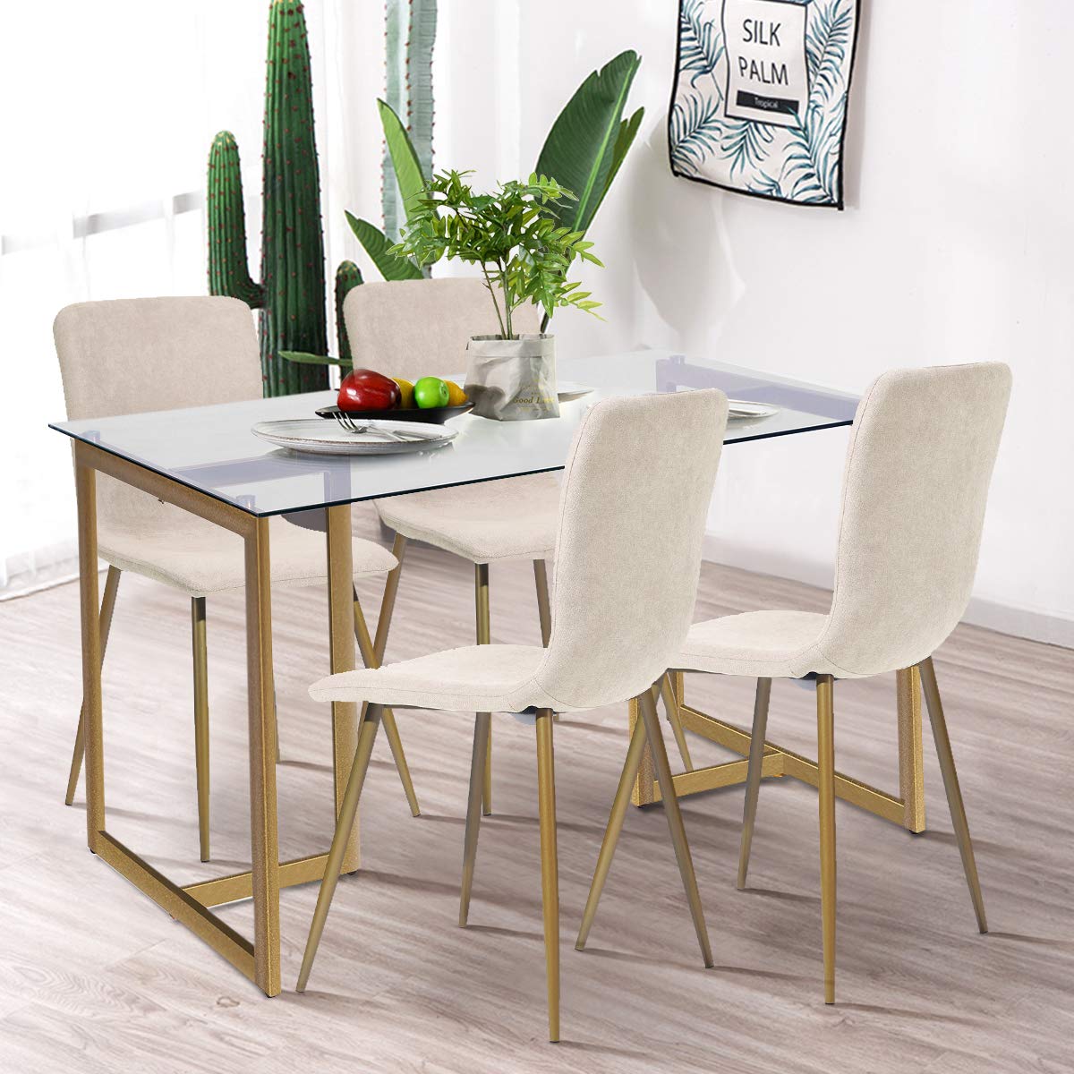 FurnitureR 47" Modern Rectangular Spacious Tempered Glass Tabletop & Gold Base Elegant Home Kitchen Room Dining Table, Gold