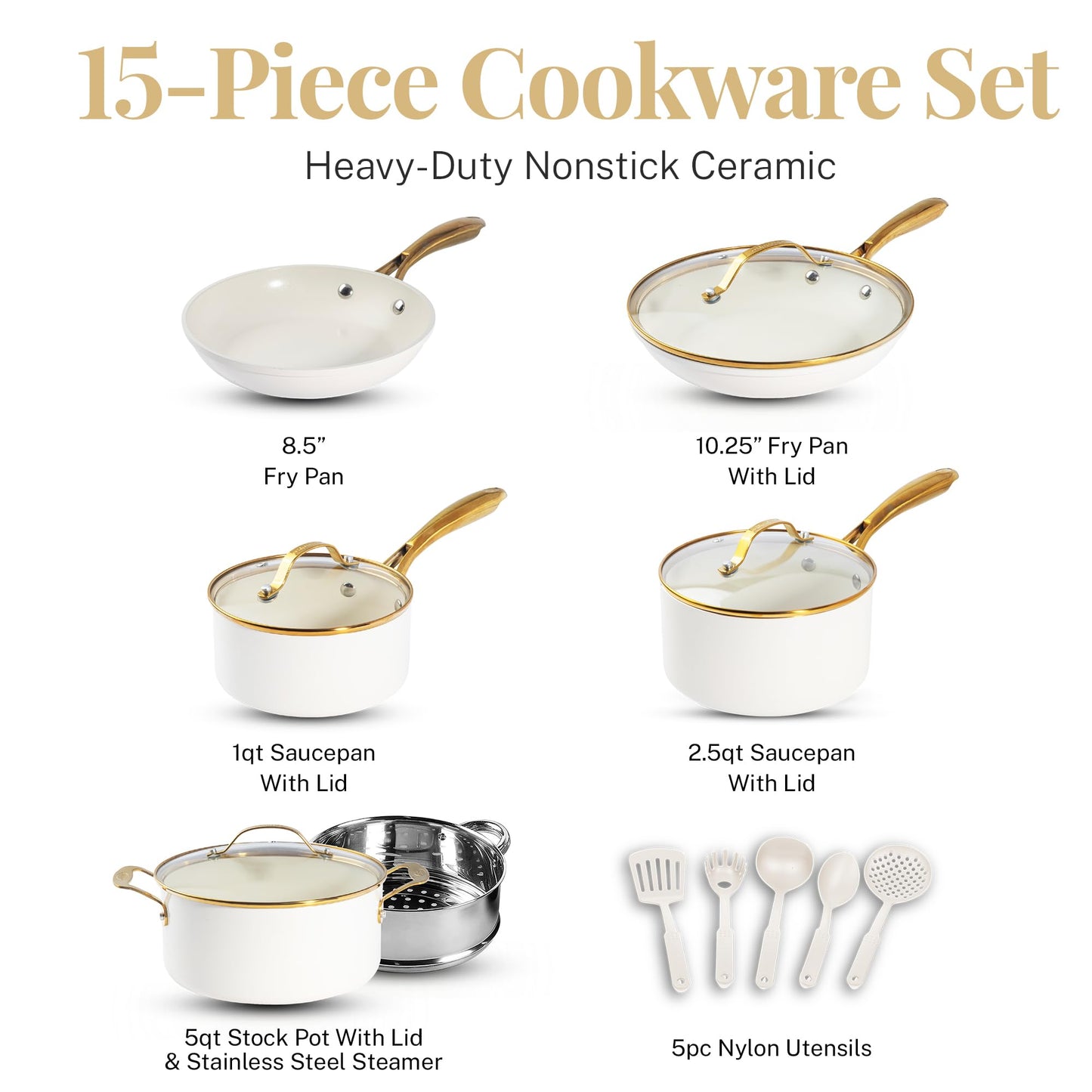 Gotham Steel 15 Pc Ceramic Pots and Pans Set Non Stick, Kitchen Cookware Sets, Pot and Pan Set, Ceramic Cookware Set, Non Toxic Cookware Set, Non Stick Pots and Pan Set Dishwasher Safe, Cream White
