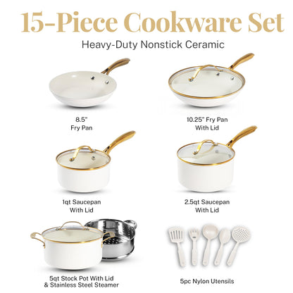 Gotham Steel 15 Pc Ceramic Pots and Pans Set Non Stick, Kitchen Cookware Sets, Pot and Pan Set, Ceramic Cookware Set, Non Toxic Cookware Set, Non Stick Pots and Pan Set Dishwasher Safe, Cream White