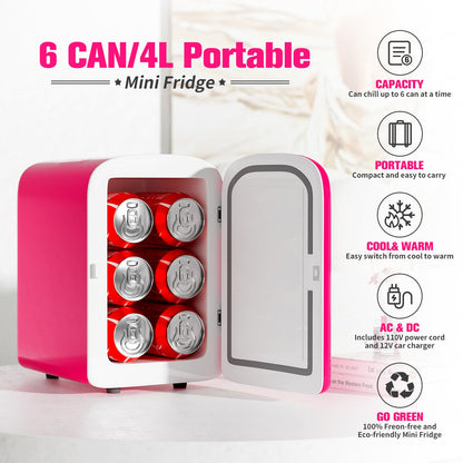 Skincare fridge - mini fridge refrigerator 4 Liter/6 Can Capacity, Cooler and Warmer, for Refrigerating Makeup, Skin care and Food, Mini Fridge for Bedroom, Office and Car, Pink