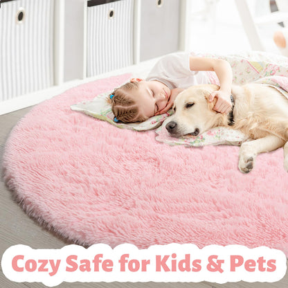 Pink Fluffy Round Rug for Kids Room Decor