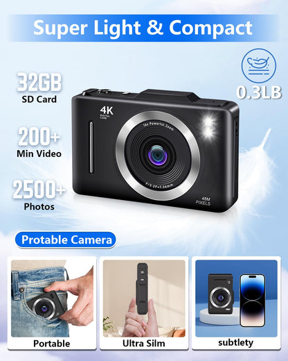 Digital Camera, FHD 1080P Kids Camera Digital with 16x Zoom Anti Shake, 32GB Card, 4K 48MP Portable Compact Point and Shoot Cameras, Vintage Small Camera for Teens Beginner Kids Present (Black)