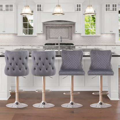 Chummaven Velvet Adjustable Bar Stools Set of 2, Counter Height Swivel Barstools with Chrome Base Footrest, Modern Upholstered Bar Chairs with Boutton Tufed High-Back for Kitchen,Dark Grey