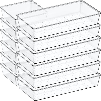 12 Pack Large Clear Plastic Drawer Organizer Set, Acrylic Bathroom Organizer Vanity Trays Dividers, Kitchen Organizers and Storage, Non-Slip Storage Bins for Makeup, Snacks, Office, Desk, Fridge