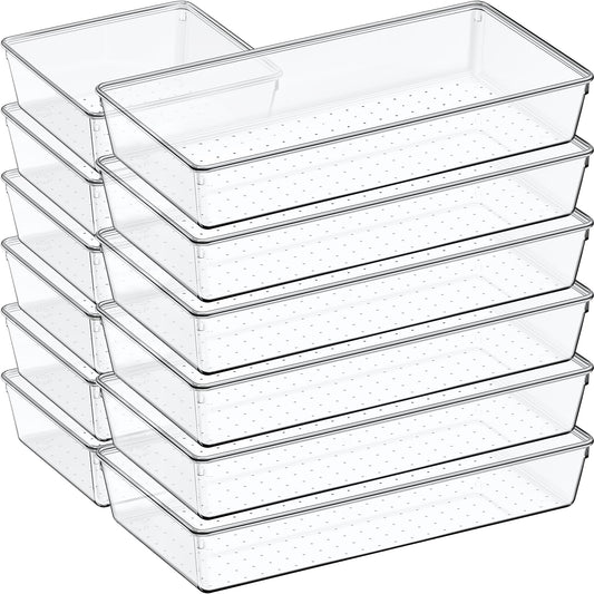12 Pack Large Clear Plastic Drawer Organizer Set, Acrylic Bathroom Organizer Vanity Trays Dividers, Kitchen Organizers and Storage, Non-Slip Storage Bins for Makeup, Snacks, Office, Desk, Fridge