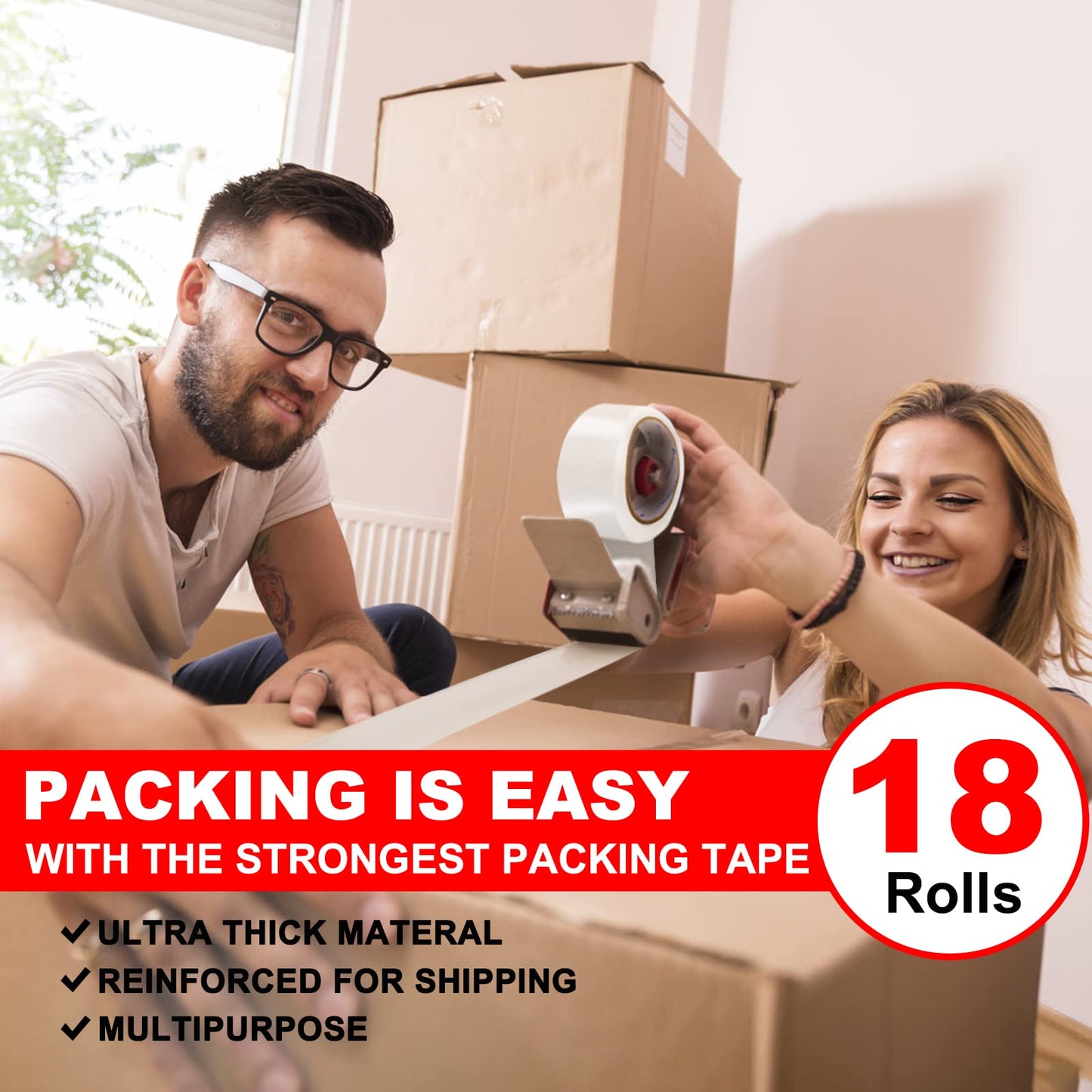 SCESSPACK Packing Tape(18 Rolls),2.0Mil Packaging Tape for Shipping Moving Sealing,1.88 Inch x 60 yd Per Roll,Total 1080 Yards
