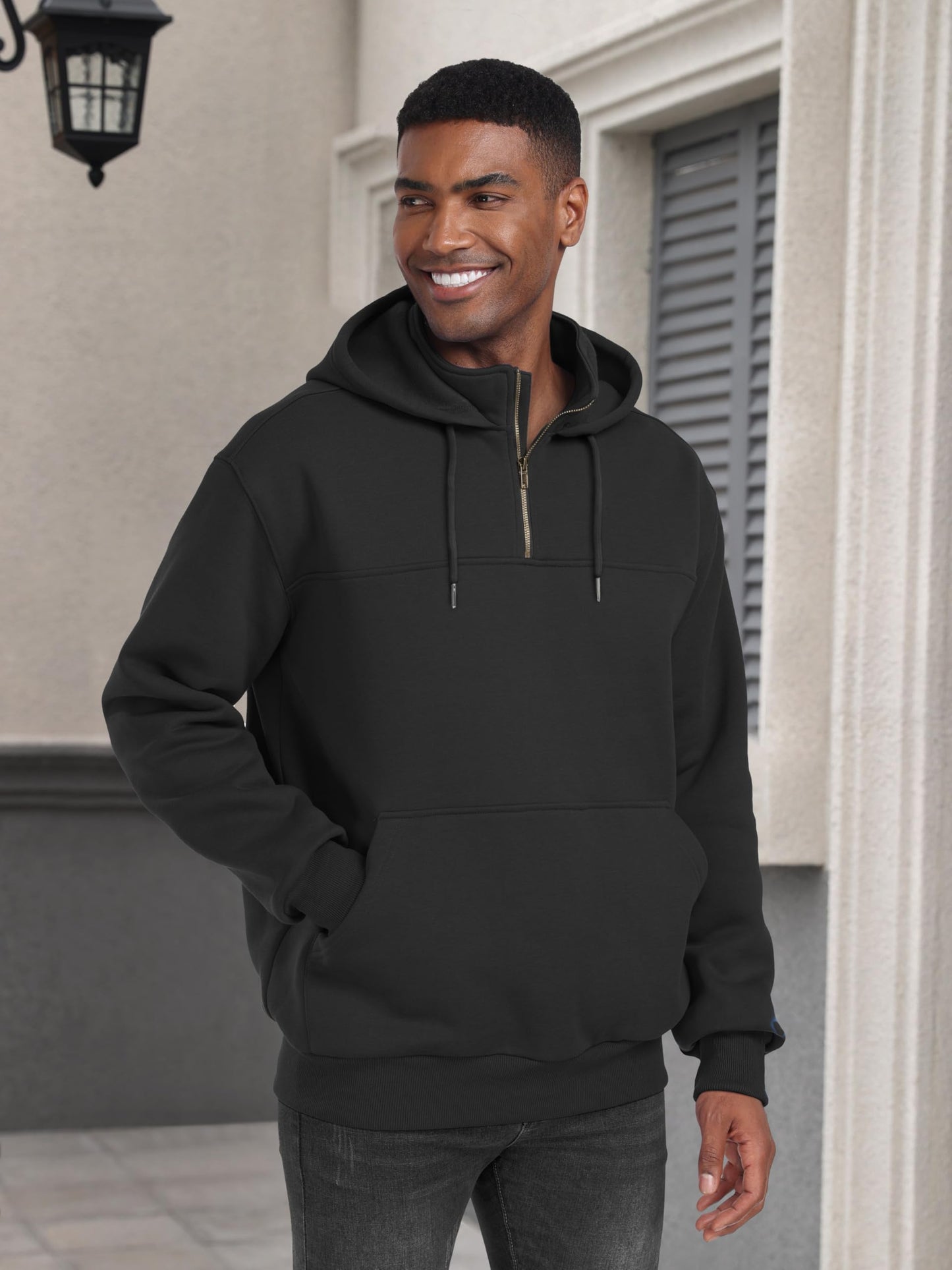 Caracilia Mens Half Zip Hoodies Midweight Loose Fit Fleece Quarter Zip Pullover Sweatshirt-Black-S