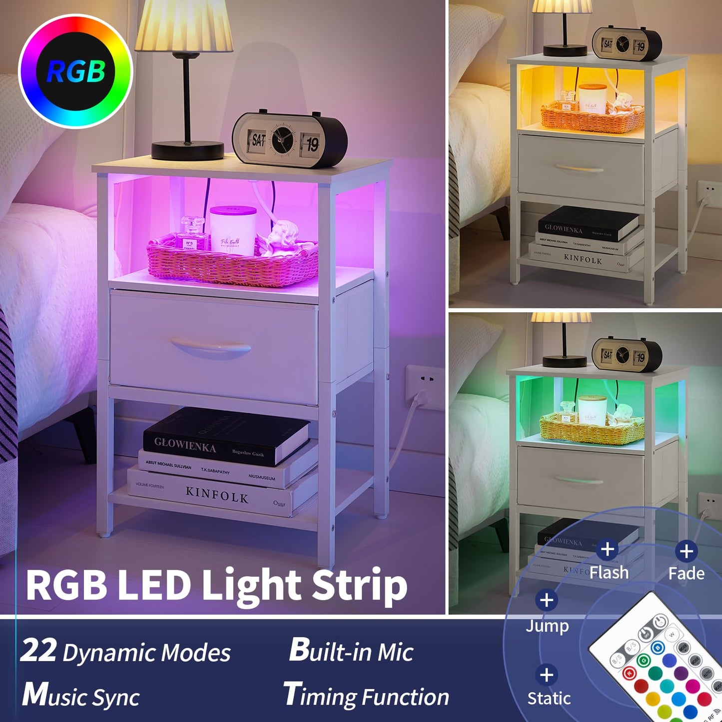 Yoobure Nightstand with Charging Station and Storage