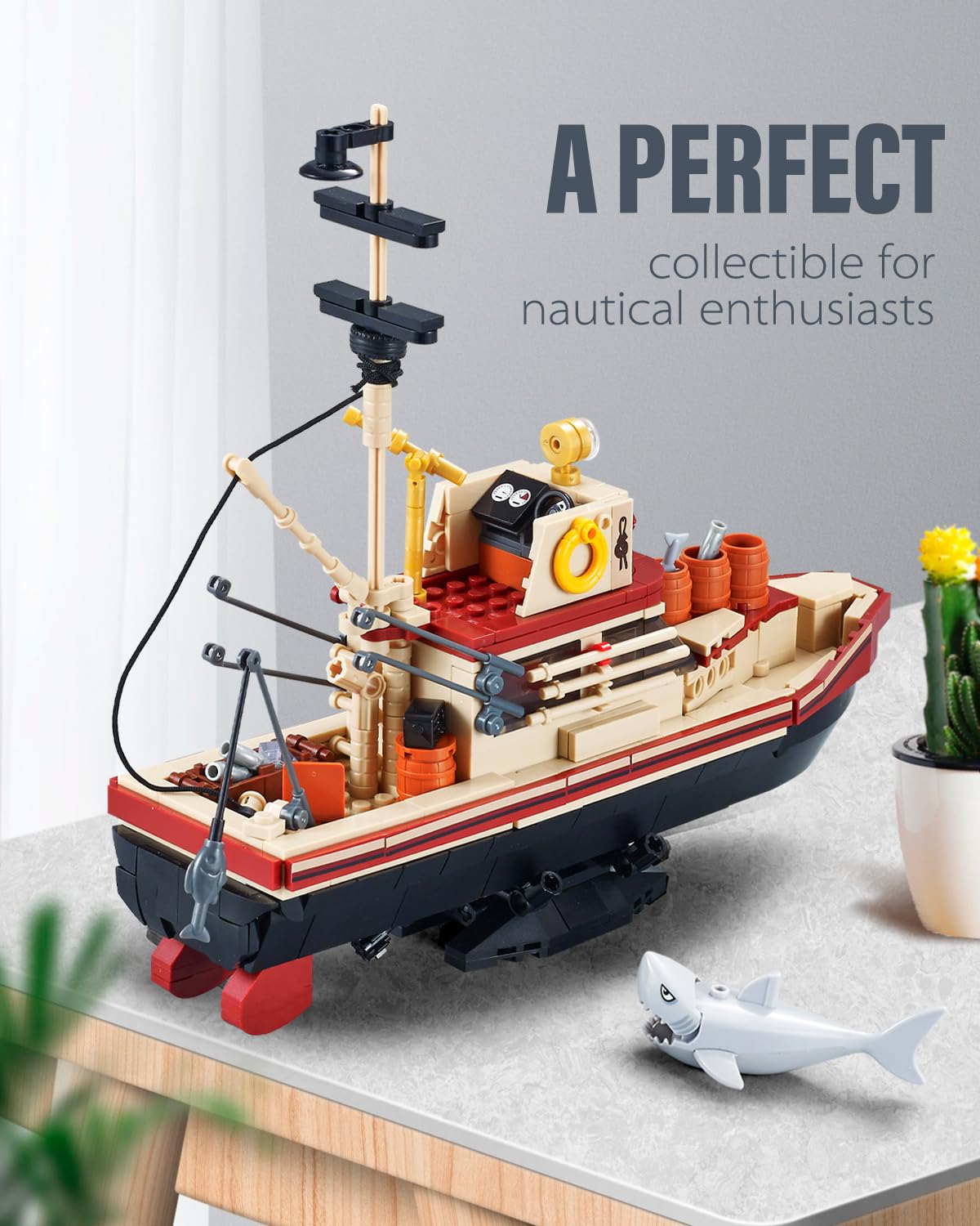 TIALLOW City Fishing Boat Building Blocks Kit, Ship Toy Set for Ocean Exploration Enthusiasts, Includes Shark, Fishing Rods, and Scene Simulation, Boys and Girls Ages 6 and Up (592 Pieces)