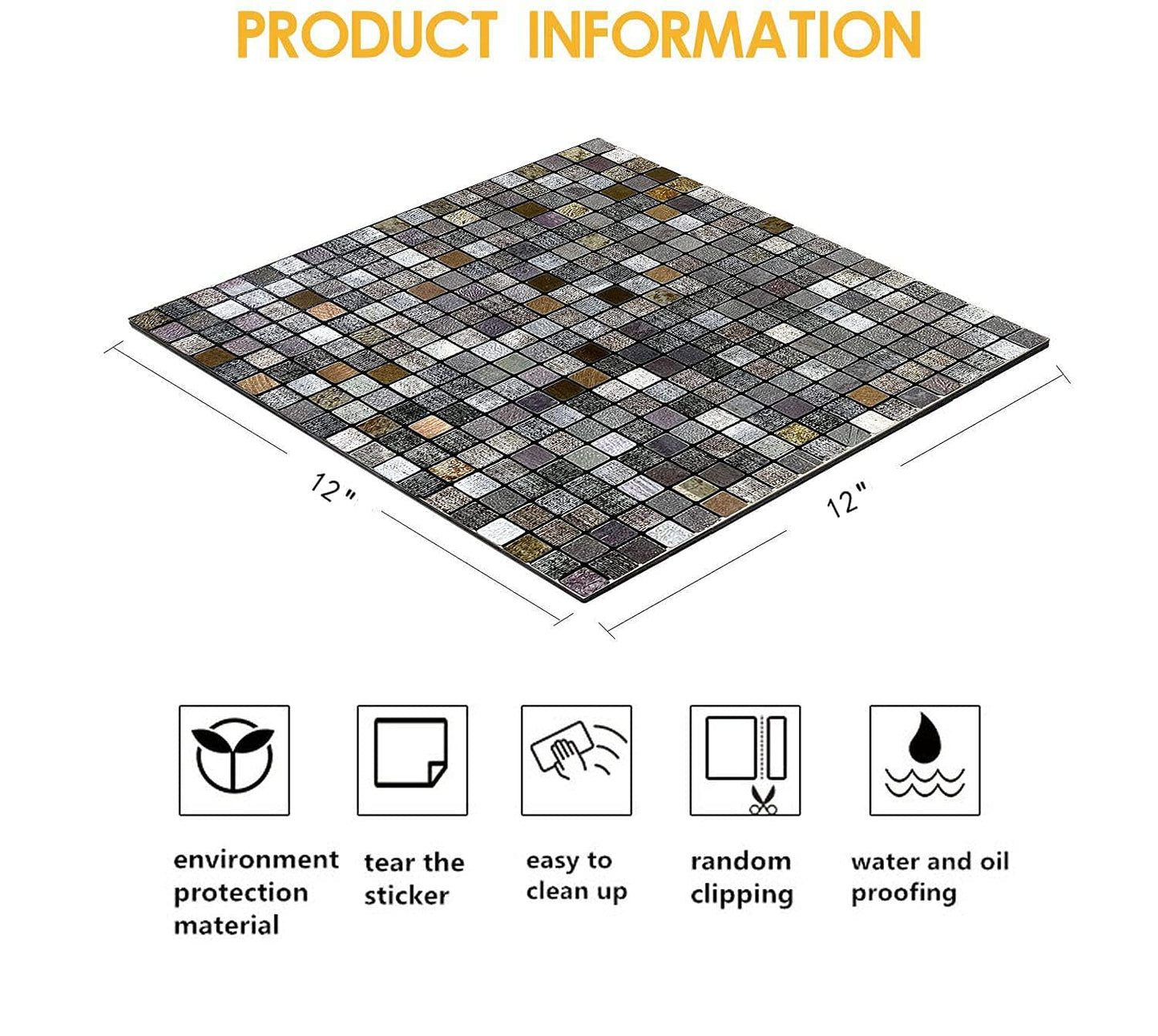 XUANINY Peel and Stick Backsplash Tiles for Kitchen,Bathroom,Fireplace,Self Adhesive Metal Aluminum Mosaic (12"x12") (10, Coffee + Gray Printing)