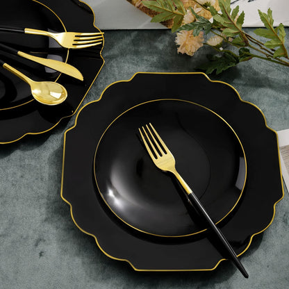 Supernal 150pcs Gold Plastic Dinnerware Set, Halloween Black Plastic Plates,Gold Plastic Silverware,Black and Gold Cutlery,include 30 Dinner Plates,30 Dessert Plates,30 Forks,30 Knives,30 Spoons