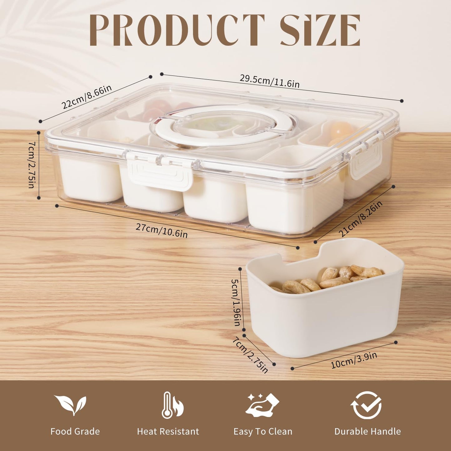 Divided Serving Tray with Lid and Handle, Snackle Box Charcuterie Container Portable for Snack Platters Reusable Clear Organizer 8 Compartments for Candy, Fruits, Nuts Perfect for Party Entertaining