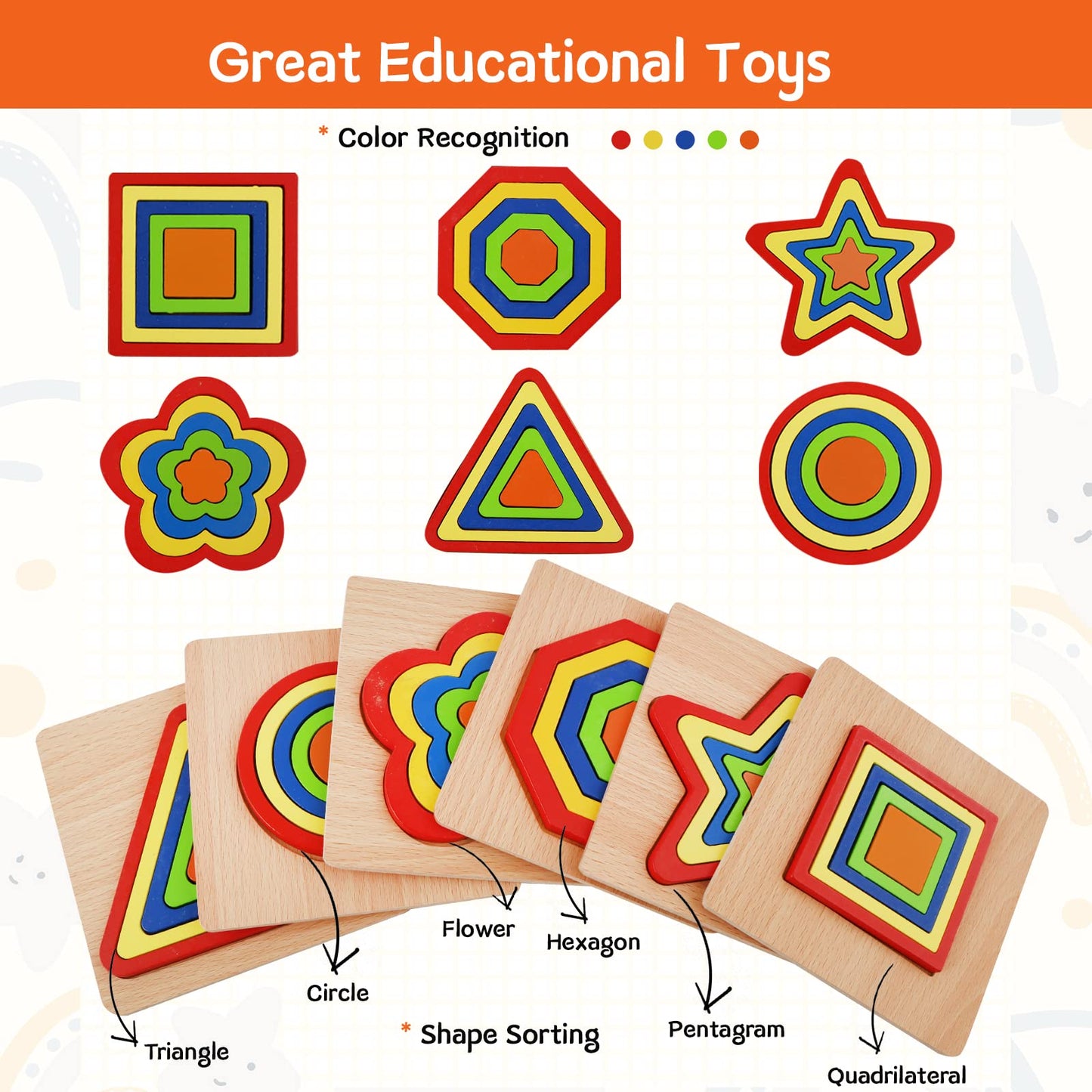 Toddler Puzzles 6 Pcs Wooden Puzzles for Toddlers Montessori Shape Sorting Puzzle Toddlers Activities Early Educational Preschool Learning Sensory Toys Montessori Toys 1-3 Year Old