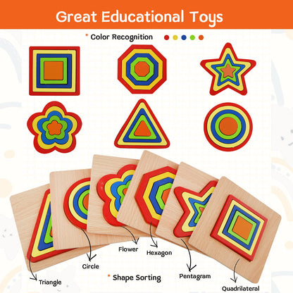 Toddler Puzzles 6 Pcs Wooden Puzzles for Toddlers Montessori Shape Sorting Puzzle Toddlers Activities Early Educational Preschool Learning Sensory Toys Montessori Toys 1-3 Year Old
