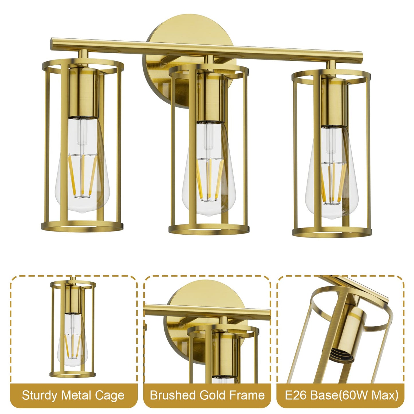 Gold 3-Light Farmhouse Bathroom Wall Fixture