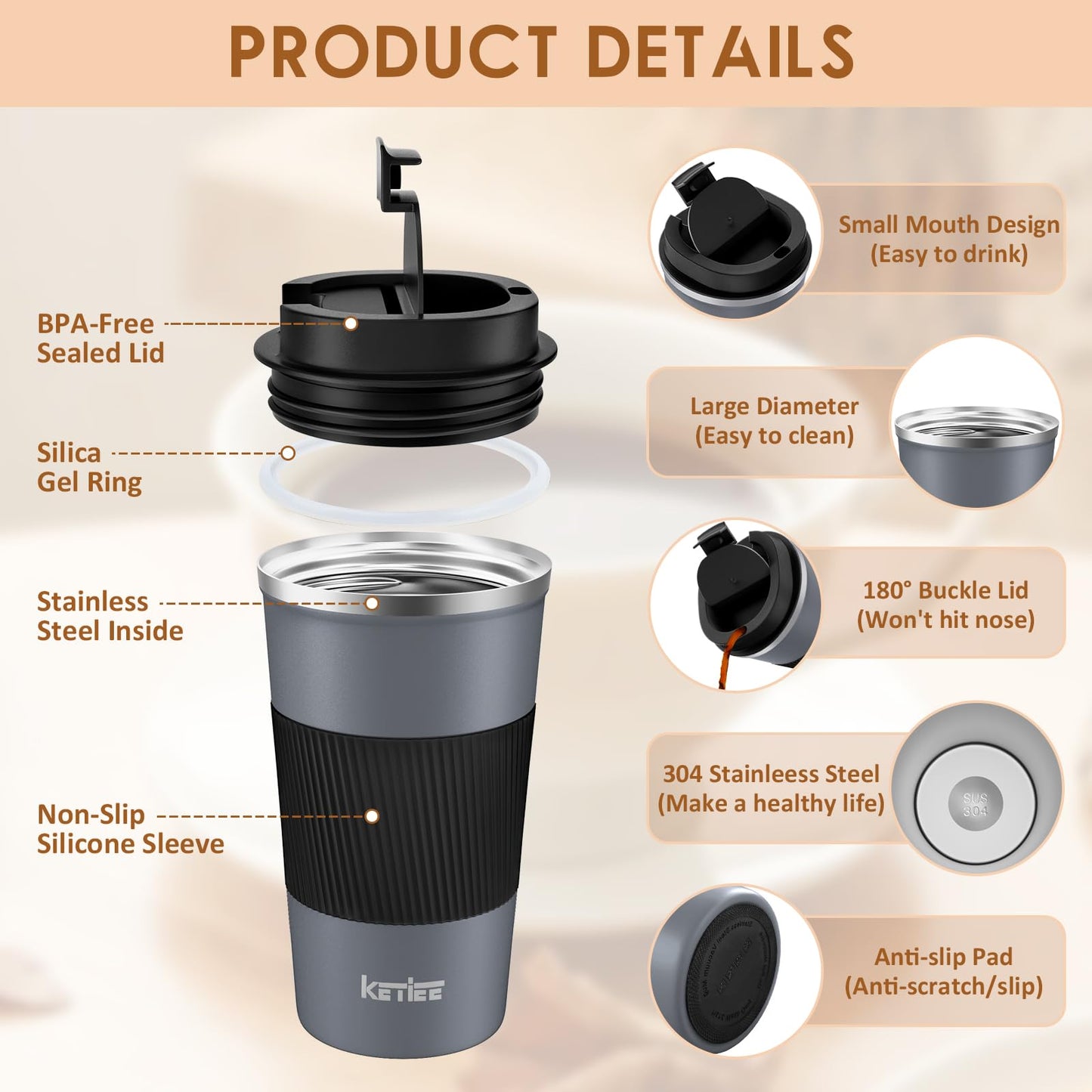 KETIEE Travel Coffee Mug 12oz: Insulated Coffee Cup with Leakproof Lid, Coffee Tumbler, Reusable Coffee Cups with Seal Lid, Vacuum Stainless Steel Coffee Mug to Go for Hot/Ice Coffee Tea (Grey)