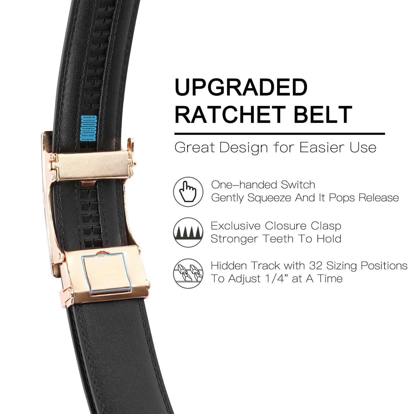 GAEKEAO Men's Ratchet Belt Genuine Leather 1 3/8" Slide Belt for Men Automatic Adjustable Click Buckle Belts for Dress Casual Trim to Fit