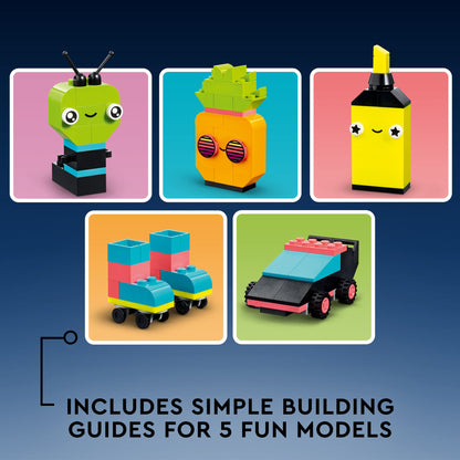 LEGO Classic Creative Neon Colors Fun Brick Box Set 11027, Building Toy to Create a Car, Pineapple, Alien, Roller Skates, and More, Hands-on Learning for Kids, Boys, Girls 5 Plus Years Old