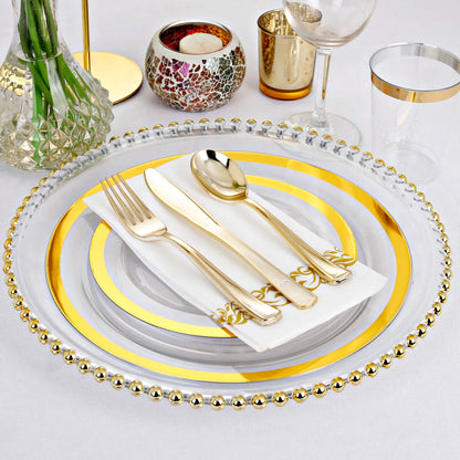 YOUBET 210PCS Clear Gold Plastic Dinnerware - Gold Plastic Plates and Gold Dinnerware Includes: 30 Dinner Plates, 30 Dessert Plates, 30 Gold Cups, 30 Napkins for Party & Wedding