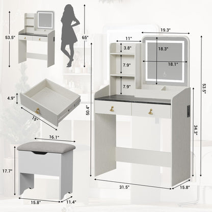 Vanity Desk with LED Mirror and Charging Station