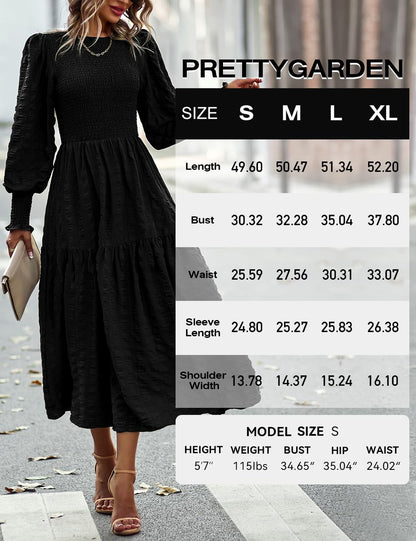 PRETTYGARDEN Women 2024 Puff Long Sleeve Crewneck Smocked Maxi Dress Solid Empire Waist Tiered A-line Swing Flowy Long Dress(Black,X-Large)