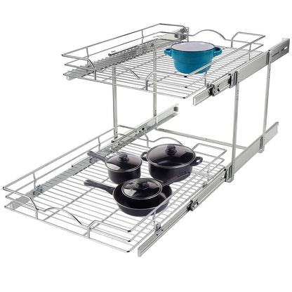 OCG 2 Tier Pull Out Cabinet Organizer (20" W x 18" D), Pull out Drawers for Kitchen Cabinets, Pull Out Shelves for Base Cabinet Organization in Kitchen Bathroom Pantry, Chrome Finish