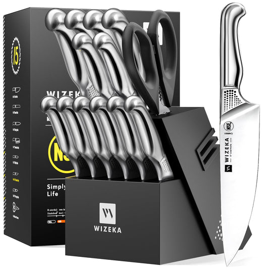 WIZEKA 15PCS German Steel Kitchen Knife Set