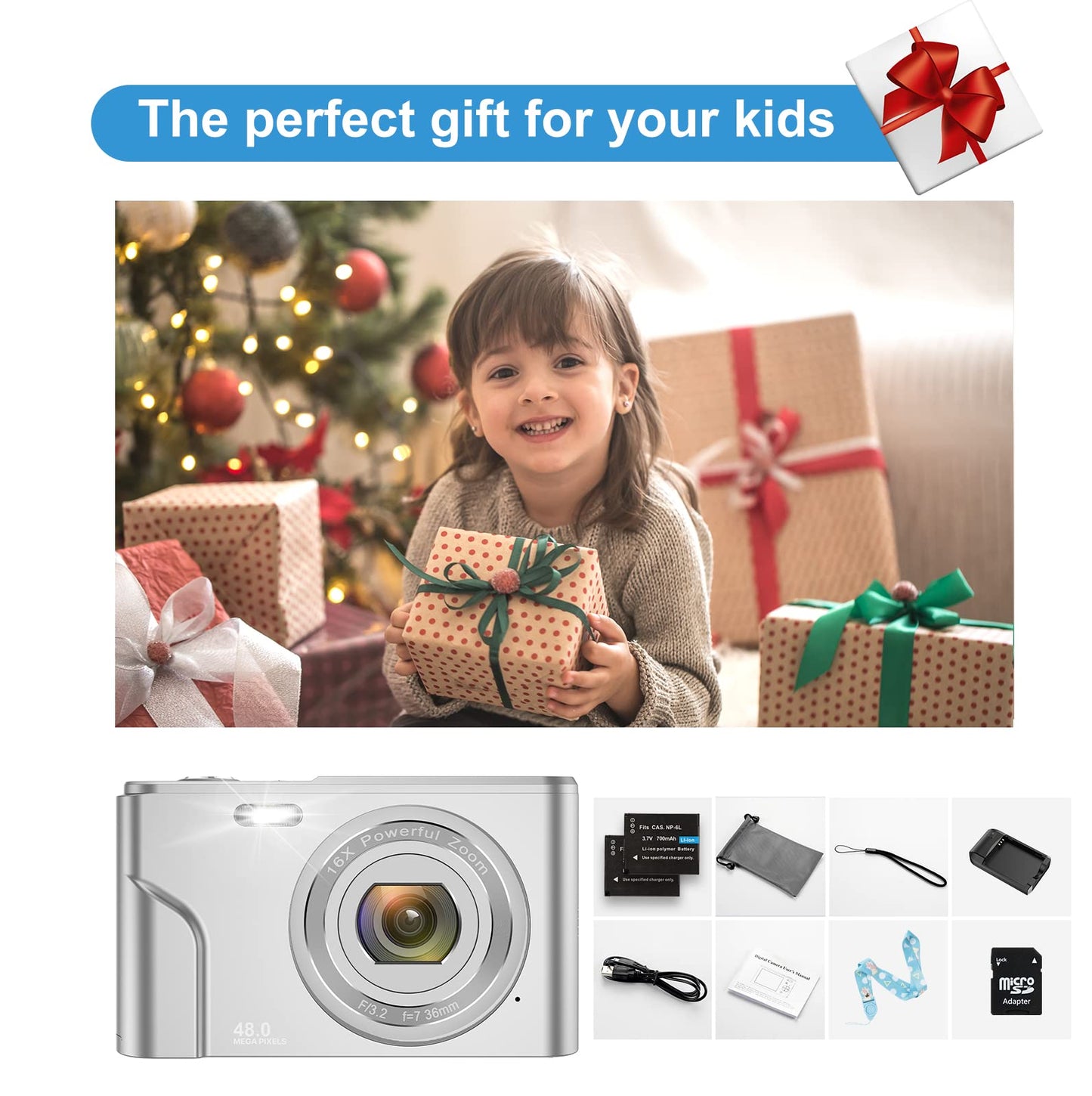 Digital Baby Camera for Kids Teens Boys Girls Adults,1080P 48MP Kids Camera with 32GB SD Card,2.4 Inch Kids Digital Camera with 16X Digital Zoom, Compact Mini Camera (Silver)