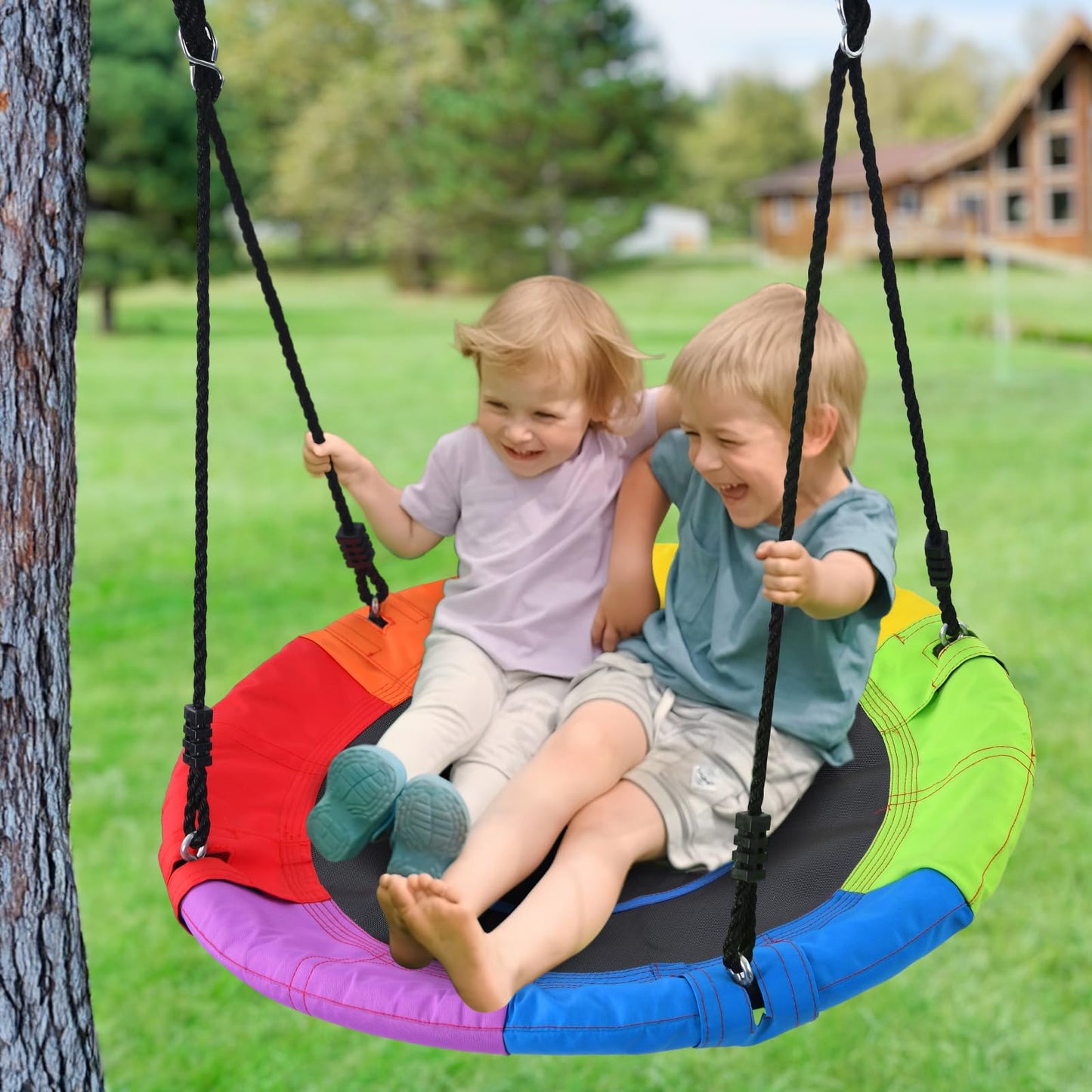 Trekassy 700lb 40 Inch Saucer Tree Swing for Kids Adults 900D Oxford Waterproof with 2pcs Tree Hanging Straps, Steel Frame and Adjustable Ropes Rainbow