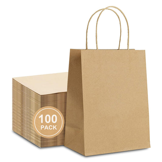 Brown Kraft Paper Gift Bags with Handles, 100 Pcs