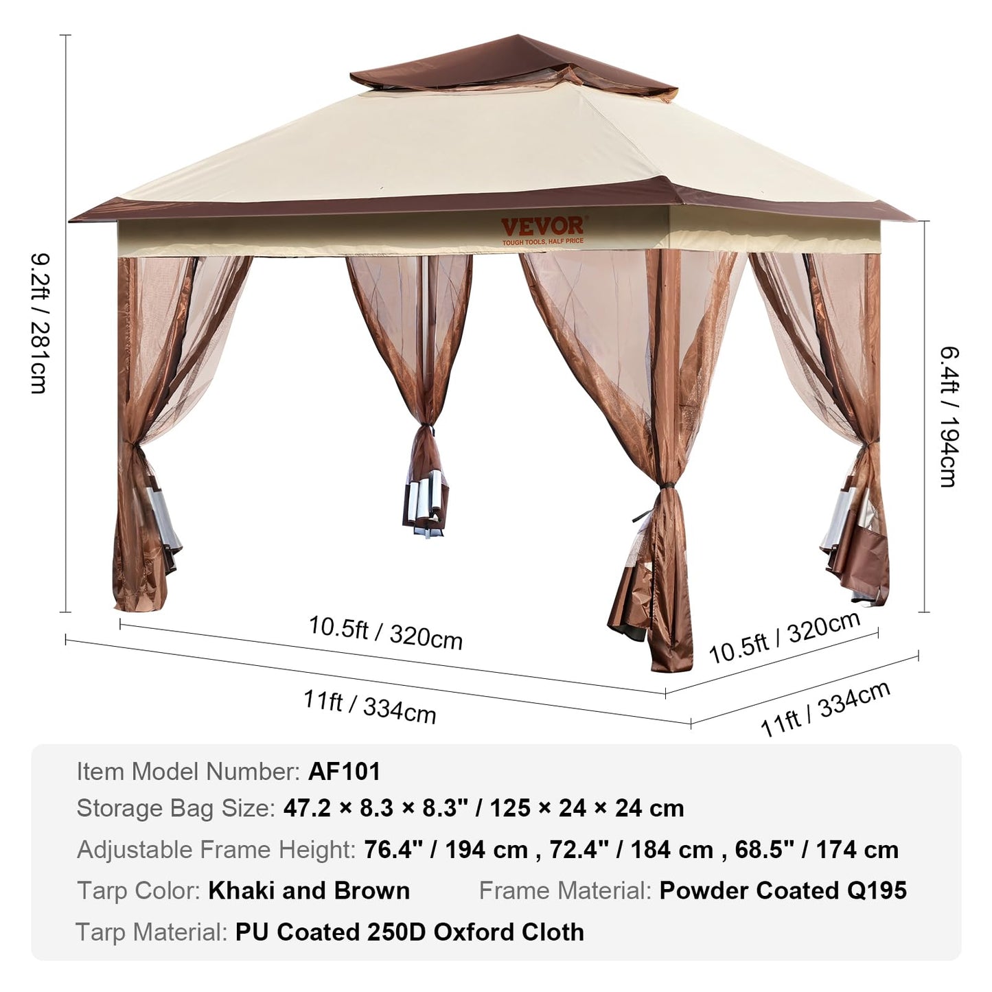 VEVOR Pop up Gazebo for 8-10 Person, with Mosquito Netting, Metal Frame, and PU Coated 250D Oxford Cloth, Outdoor Canopy Shelter for Patio, Backyard, Lawn, Garden, Deck, 11 x 11 FT