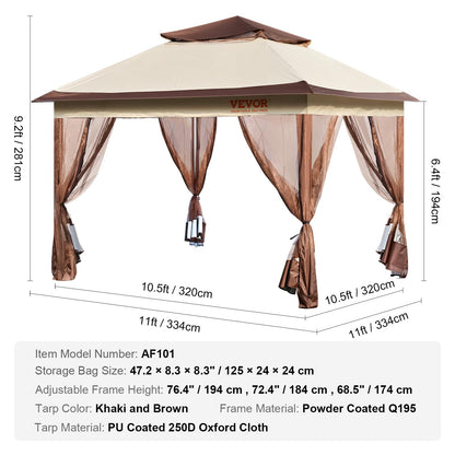 VEVOR Pop up Gazebo for 8-10 Person, with Mosquito Netting, Metal Frame, and PU Coated 250D Oxford Cloth, Outdoor Canopy Shelter for Patio, Backyard, Lawn, Garden, Deck, 11 x 11 FT